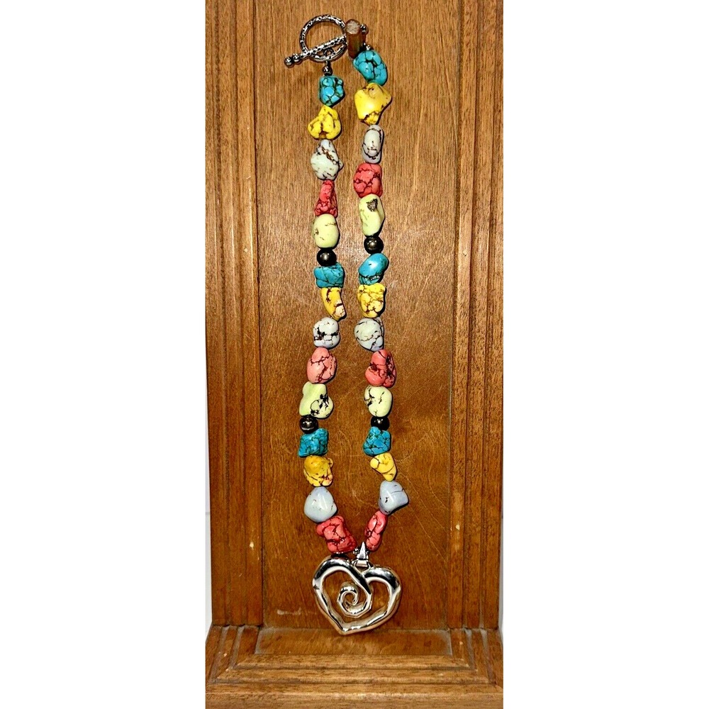Vtg Silver Tone Multi Color Dyed Howlite Chunky Bead Heart Pendant‎ Necklace 92g